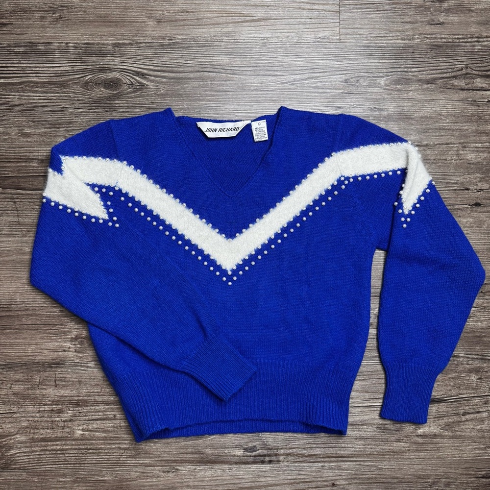John Richard Royal Blue and White Women's Pearl Embellished Sweater-Large